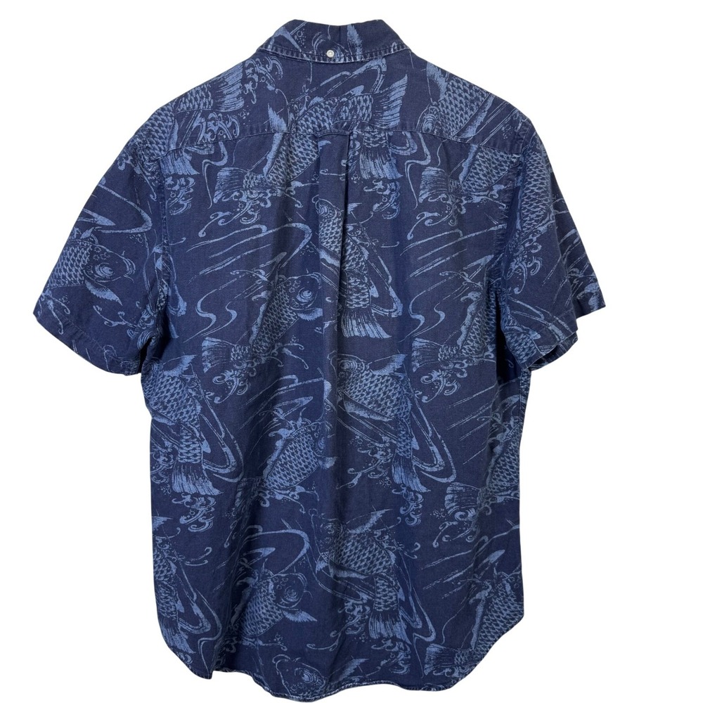Ralph Lauren Mens XL Slim Fit Koi Fish Print Button Down Shirt Blue Short Sleeve - Picture 3 of 6